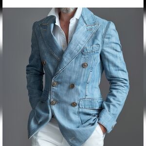 Men's Blue Double-Breasted Blazer Denim Peak Lapel Long Sleeve Giovanco
